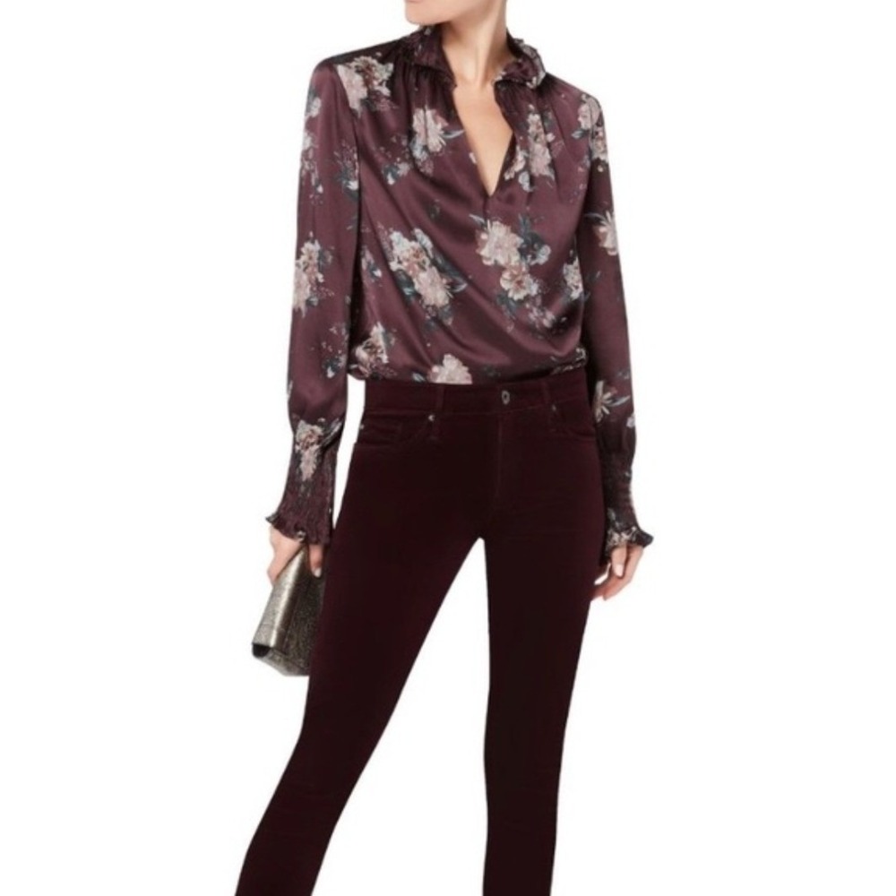 Intermix Evelyn 100% Silk Floral Smocked High Neck Blouse Burgundy Long Sleeve
